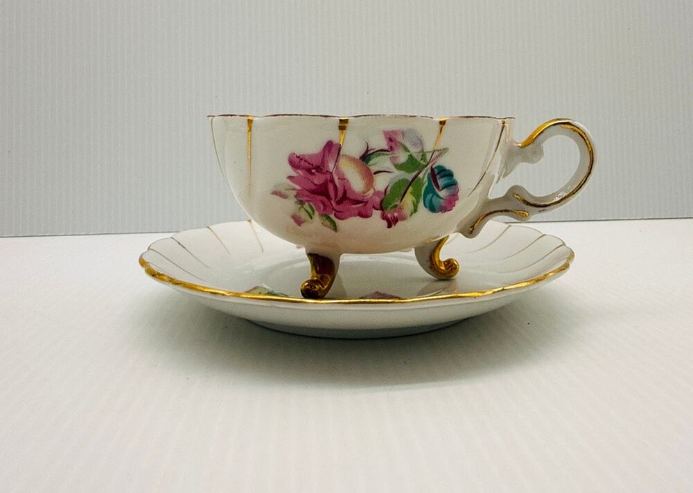 Vintage Hand-Painted Pink Rose Gold Trimmed 3-Footed Porcelain Teacup & Saucer